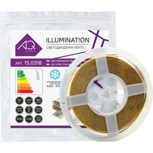 Лента светодиодная AQ LED-LINE COB 480 LED/м 12V 14W/м 8 мм IP20 холодный  белый 5 м