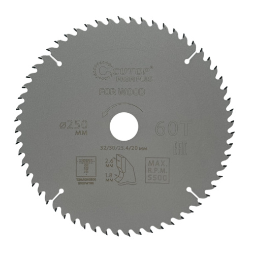 Диск пильный с тефлоновым покрытием, CUTOP Profi plus, D250 х 1,8/2,6 х 60T