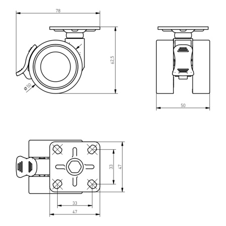 Колесо Circo серое D-50 мм поворотное на площадке со стопором нагрузка 30 кг GTV